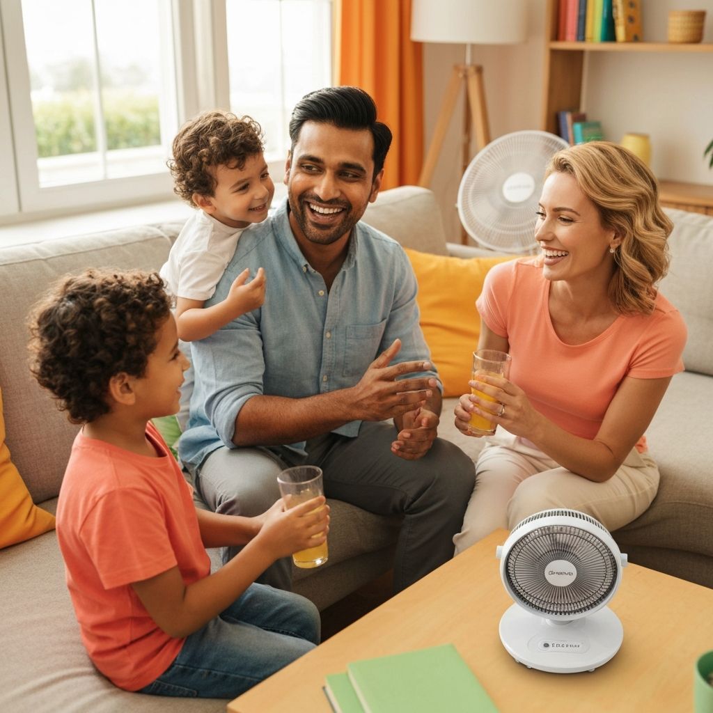 Família sorrindo usando ventilador - Promoção WAP